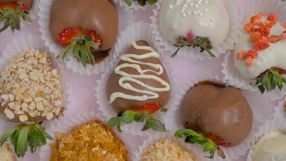 Top View Set of Fresh Chocolate Covered Strawberries Rotating Close Up