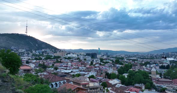 Tbilisi, Georgia - May 23 2022: Aerial view of Old Tbilisi, Flying over historic houses alt