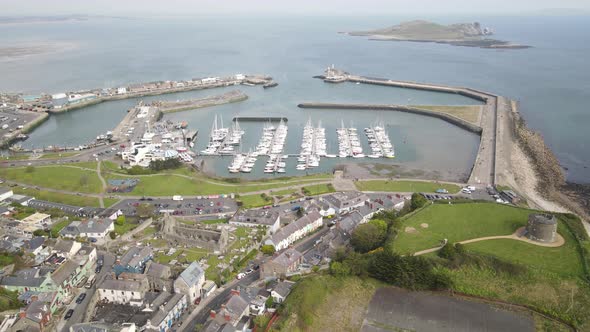 Aerial View Of Howth Village Near Howth Pier With Boats And Ireland's Eye At Daytime In Dublin, Irel alt