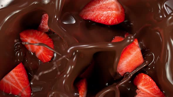 Super Slow Motion Shot of Fresh Cutted Strawberries Falling Into Melted Chocolate at 1000 Fps alt