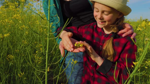 Close Up of a Mother and Kid with Hat Inspect the Rapeseed Crop Smiling alt