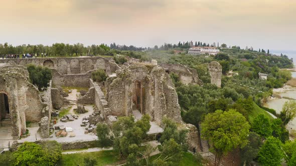 Aerial View Historic Island in Lake Garda Italy Old Historical Town Closeup Archaeological Site alt