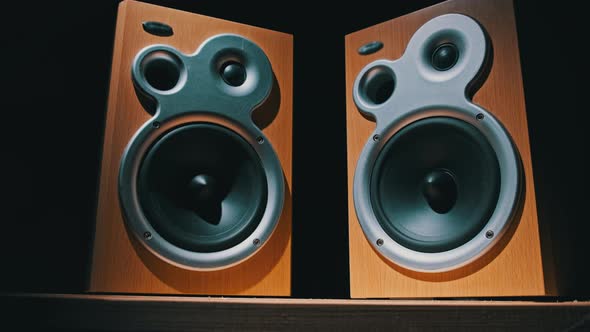 Audio Speakers Vibrate From Sound Bass in Slow Motion on Black Background alt