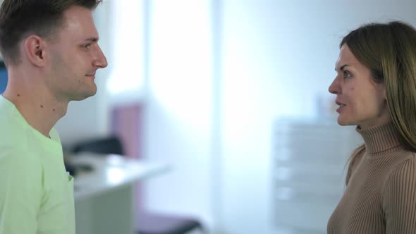 Side View Portrait of Young Caucasian Cheerful Woman Dissatisfied with Nose Shape Talking with alt