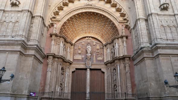 Gothic Style Facade Of La Seu Cathedral Of Palma In Palma, Mallorca, Spain. tilt-up alt
