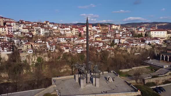 Orbital drone footage around monument in Veliko Tarnovo, Bulgaria