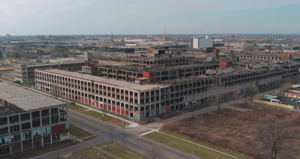 Aerial view of the dilapidated Packard Automotive Plant in Detroit, Michigan.This video was filmed i alt