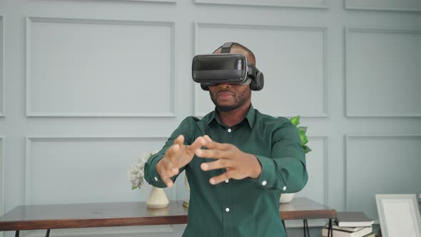 Office work, African American employees or businessman testing vr glasses
