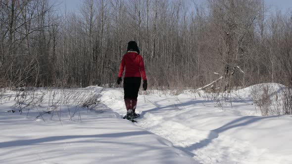 woman walking on snowshoes along snowy path in winter alt