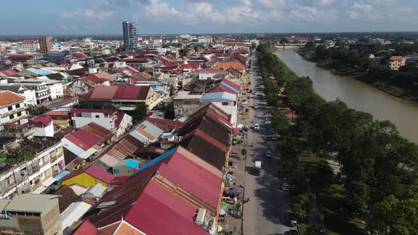Aerial view of Battambang French district along the river, Cambodia. alt