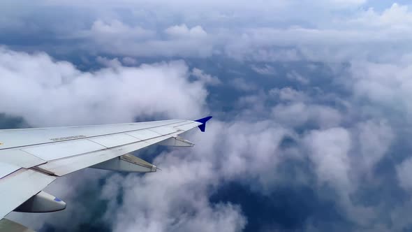 Process plate passenger pov of jet Airbus A320 airplane wing flying high in blue sky. Travel and air alt