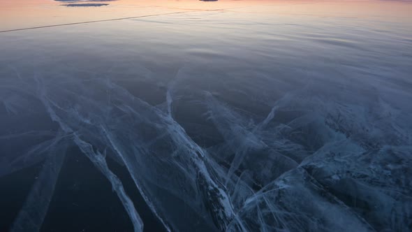 Cracks Inside Transparent Ice on Frozen Baikal Lake