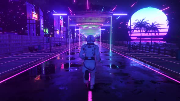 Astronaut Running in Neon City in Cyberpunk Style alt