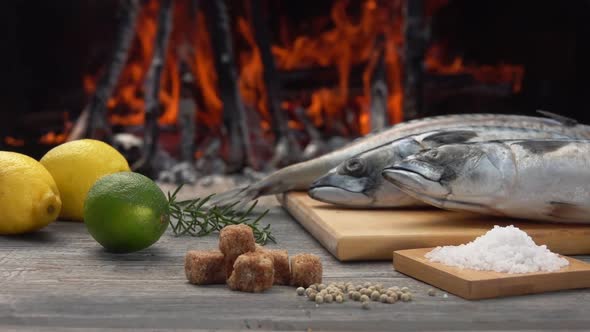 Ingredients for Preparing Mackerel Fish on the Grill on the Background of Fire alt