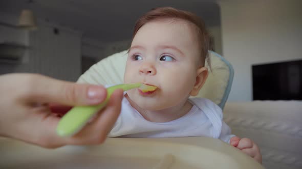 American Mother Feeding a Baby with a Spoon in Living Room Background alt