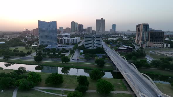 Downtown Fort Worth Texas. Ft Worth skyline at dawn. Bridge over Trinity River. Beautiful aerial in alt