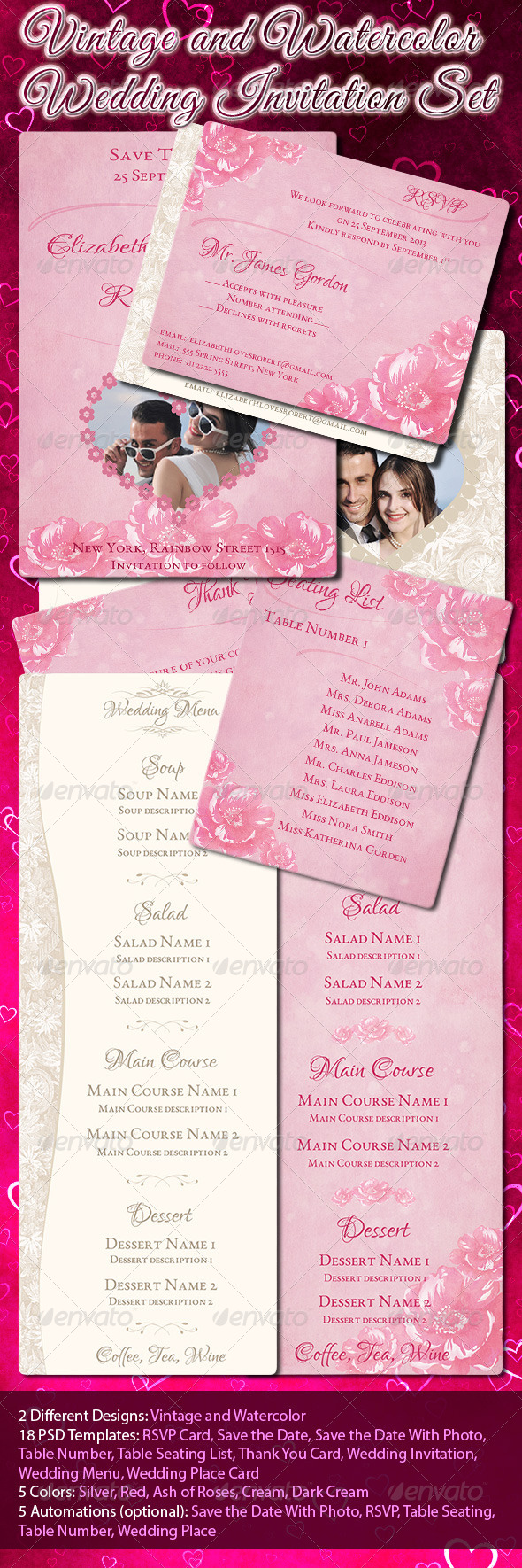 Vintage and Watercolor Wedding Invitation Set - Weddings Cards & Invites