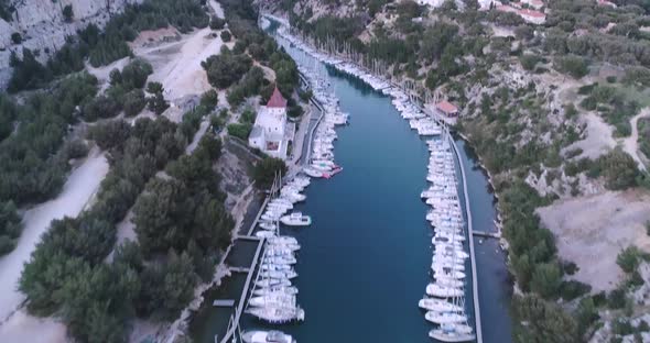 Aerial View of Port Miou Calanque Next to Cassis in France with Boats Cliffs