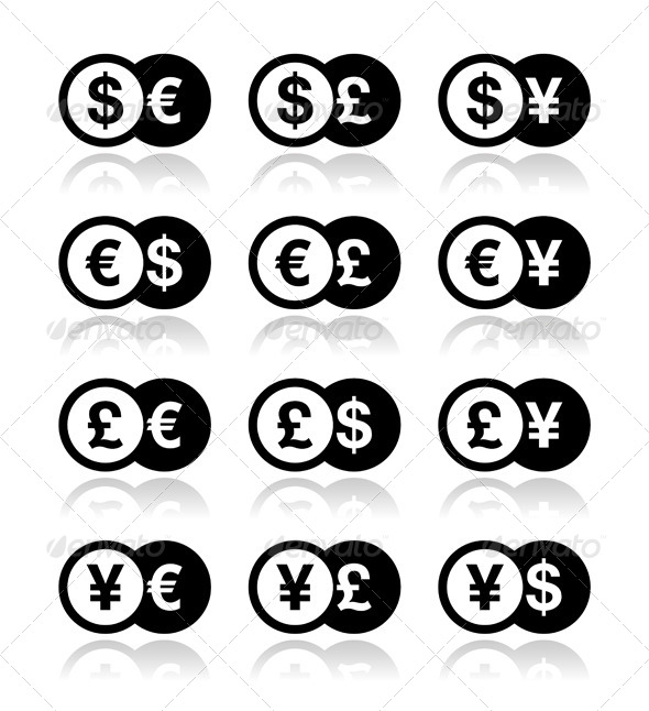Currency Exchange Icons - Dollar, Euro, Yen, Pound - Concepts Business