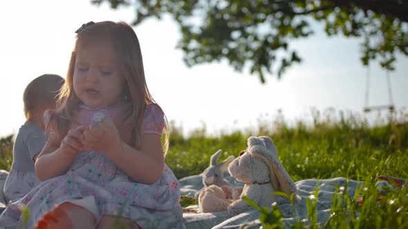 Two Little Girls Are Sitting on a Picnic Cover in the Middle of a Large Green Meadow alt