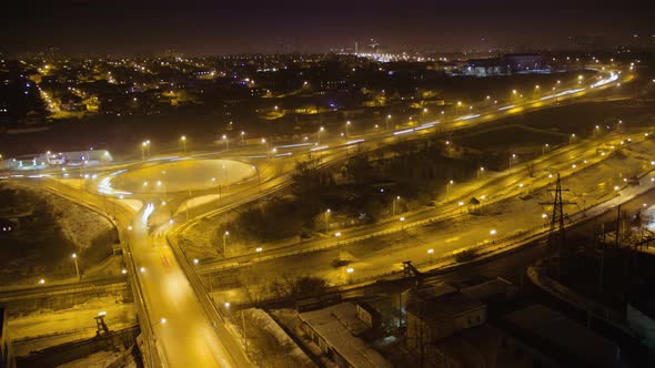 Time Lapse Of City Road Traffic at Night Cars Moving On The Crossroad Russia