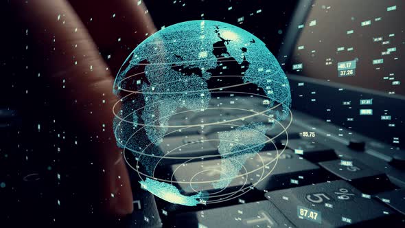 Man working on computer with graphic of mathematics coding modernization alt