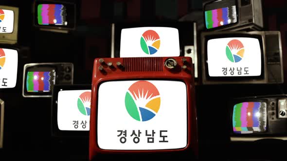 Flag of South Gyeongsang Province, South Korea, on Retro TVs.