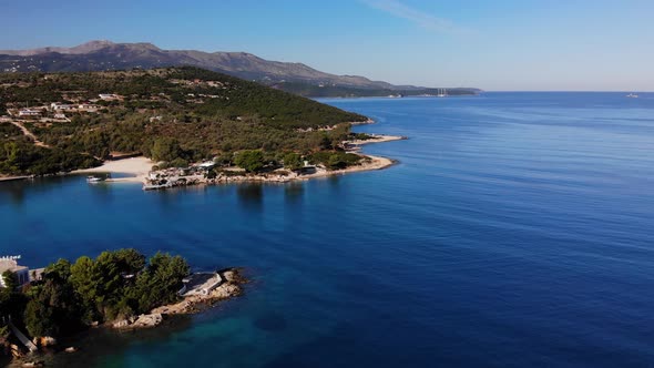 Flying Drone Over One of the Most Beautiful Beaches of Albania, Ksamil Beach, Albania.