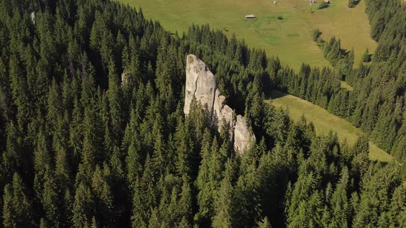 Aerial View of a Picturesque Rock Located Among the Spruce Forest in the Mountains alt
