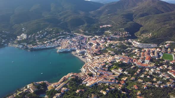 Cadaques Spain. Aerial Video. Drone Is Flighting Over Tiled Roofs