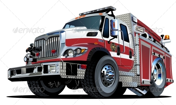 Vector Cartoon Fire Truck - Man-made Objects Objects