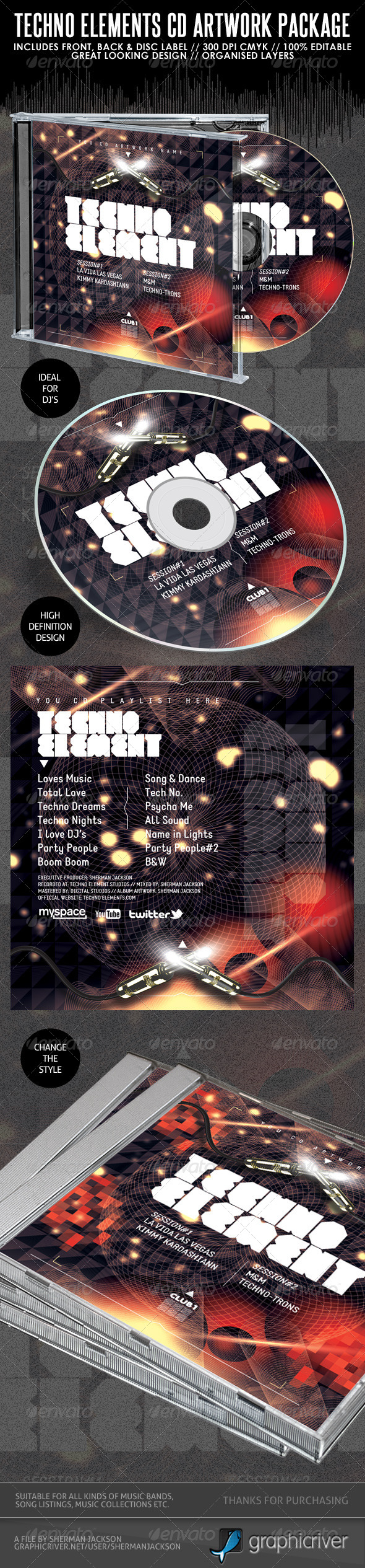 Techno Elements CD Artwork Package - CD & DVD Artwork Print Templates