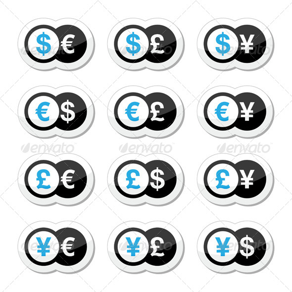 Currency Exchange Icons Set - Dollar, Euro, Yen - Concepts Business