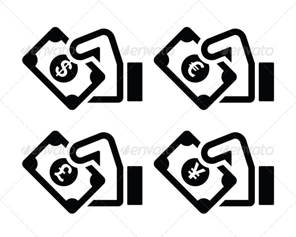 Hand with Money Icon - Dollar, Euro, Yen, Pound - Concepts Business