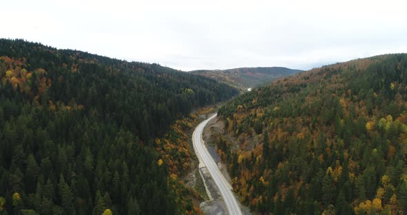 4K Aerial footage of mountain road in beautiful forest at sunset in autumn