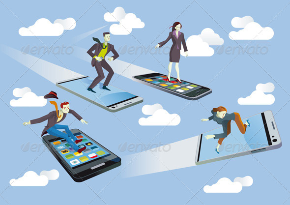 Business People with Flying Smartphones - Technology Conceptual