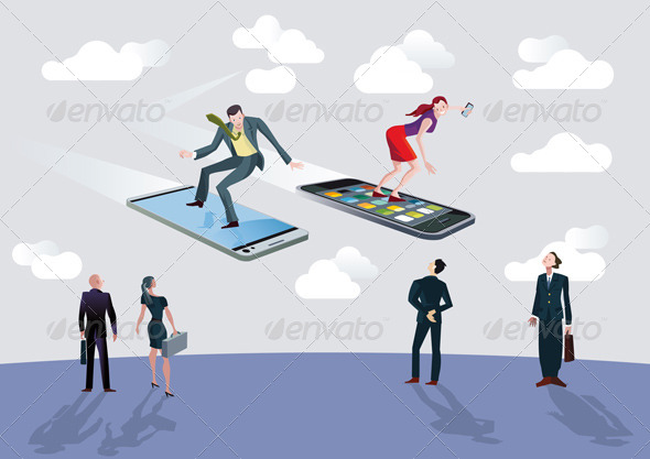 Businessman Businesswoman and Flying Smartphones - Technology Conceptual