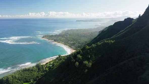 Aerial Panorama Over Haena Beach and the Houses Built on the Shore, Hawai, USA alt