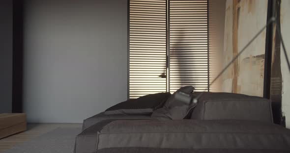 The Man Closes the Door in Minimalist Living Room with Gray Tone Modern Lamp alt
