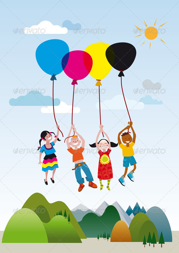 Children Playing with Balloons - Characters Vectors