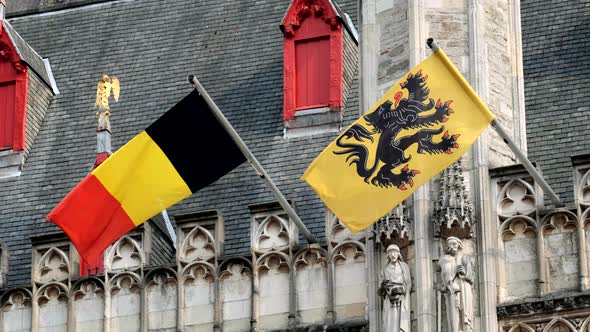 Flag of Flanders and Belgium Flag on Old Building alt
