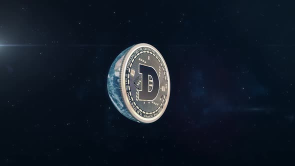 Dogecoin - Planet Earth Rotating to Reveal Cryptocurrency Coin