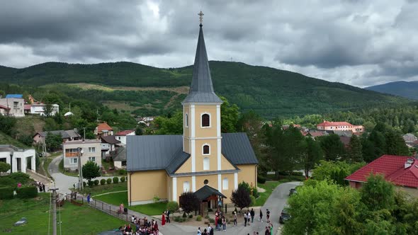 Aerial view of the church in the village of Helcmanovce in Slovakia