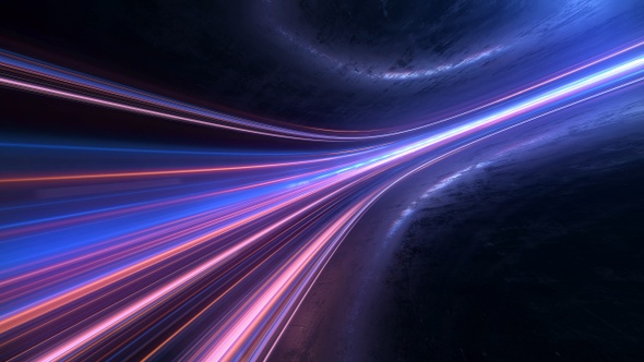 Light and stripes moving fast over dark background and are reflected in the road surface.