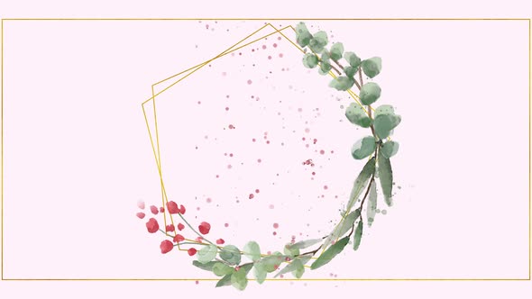 Animation of a geometric shape with flowers and glitters on a pale rose background alt