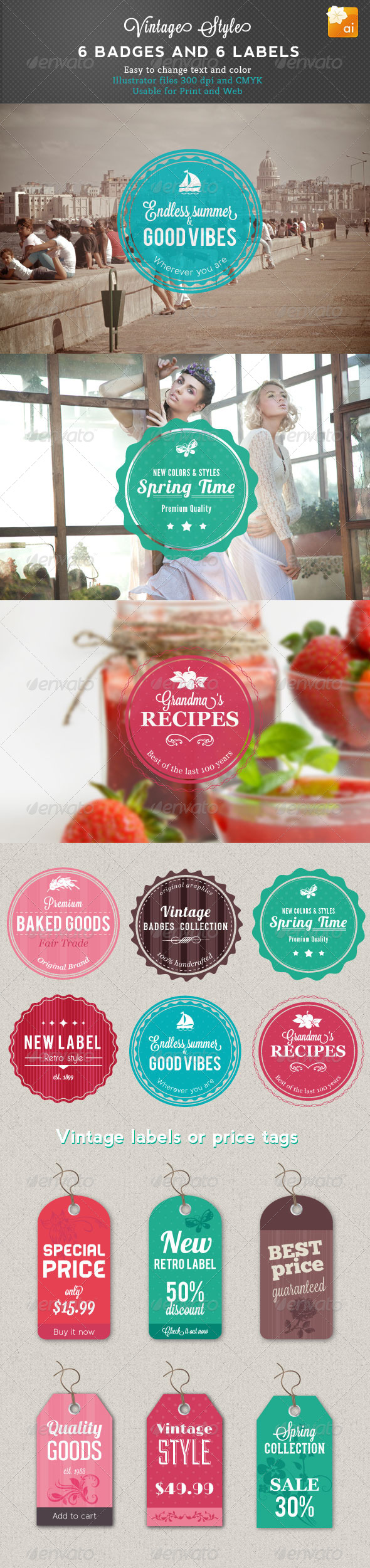 6 Vintage Badges and 6 labels - Retro Technology