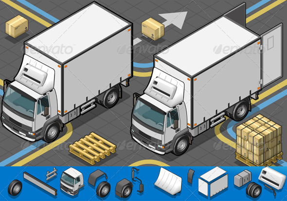 Isometric Container Refrigerator Truck - Objects Vectors