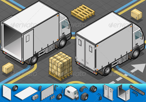 Isometric Container Refrigerator Truck - Objects Vectors