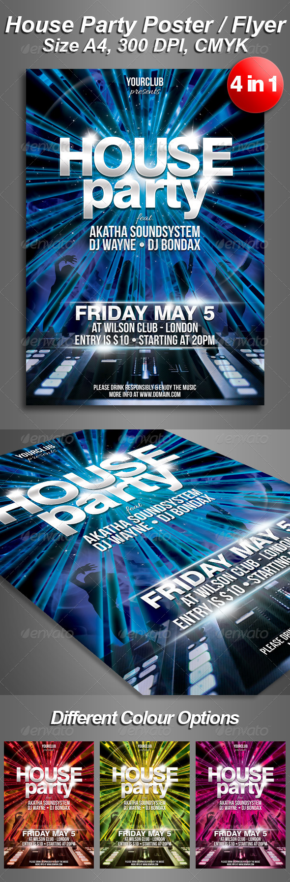 A4 House Party Club Flyer 4 in 1 - Clubs & Parties Events
