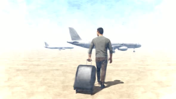Passenger Moving Towards the Plane with Suitcase